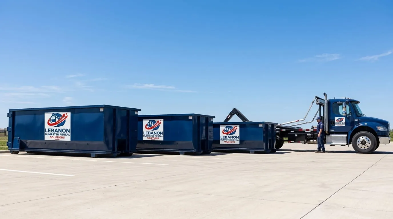 Worker beside a commercial roll-off dumpster from Lebanon Dumpster Rental Solutions in Lebanon, TN