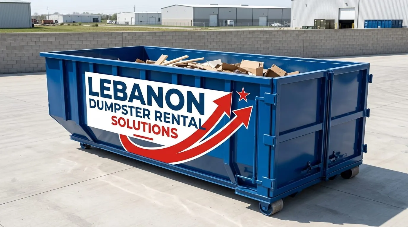 Roll-off construction dumpster being loaded onto a Lebanon Dumpster Rental Solutions truck